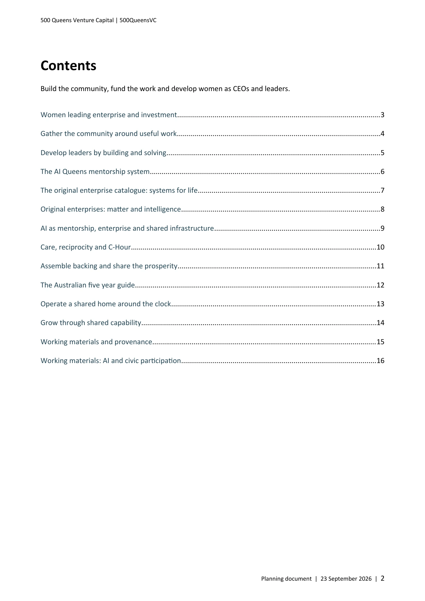 Page 2 of Queens Venture Capital Planning Document
