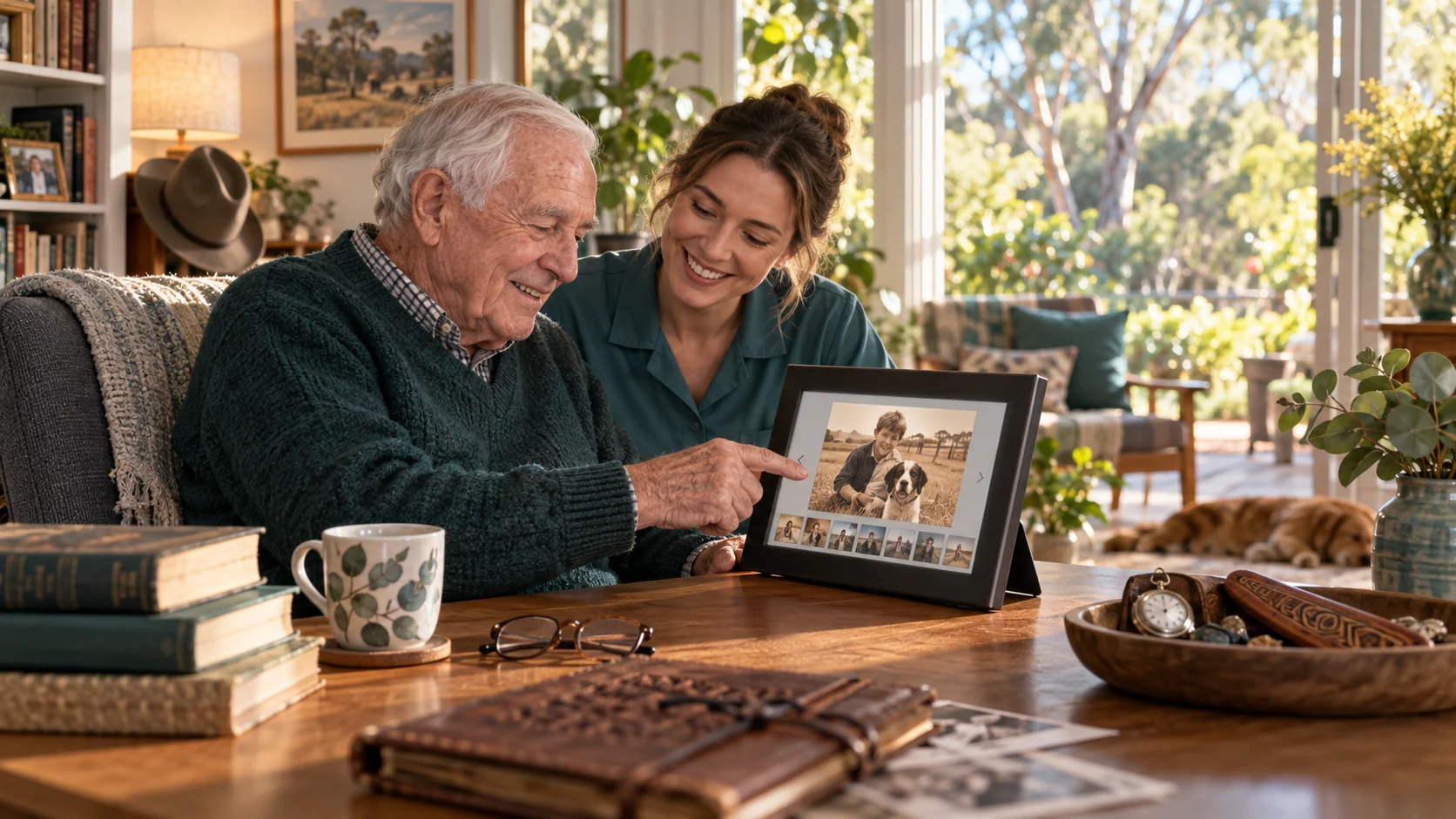 A person and carer exploring memories and life stories together.