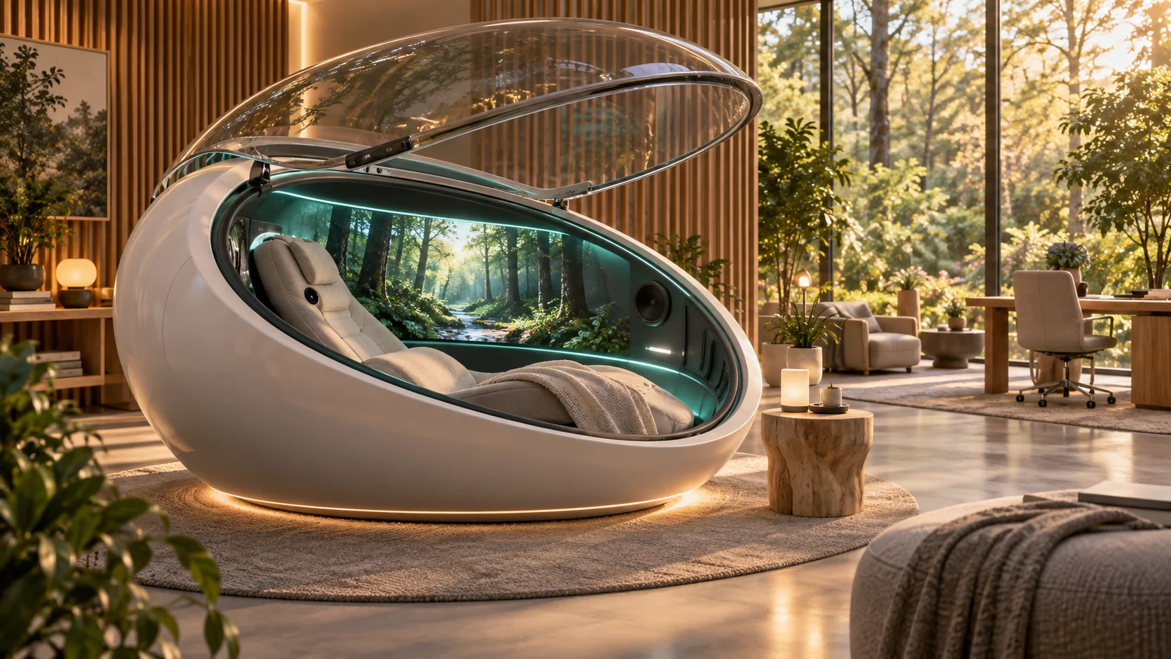 An imagined immersive capsule in a warm garden-facing research studio.