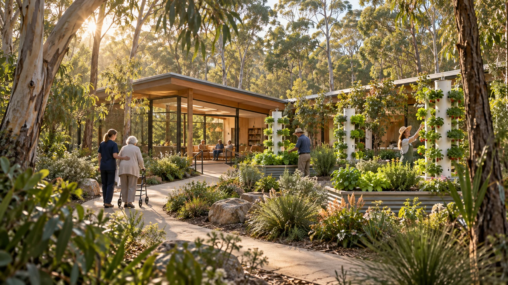 A future care and research pavilion surrounded by native gardens and trees.
