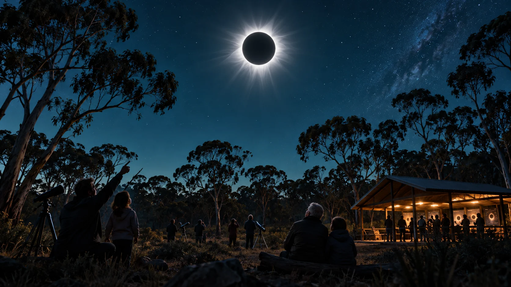 An eclipse above Australian woodland, inviting science and discovery.