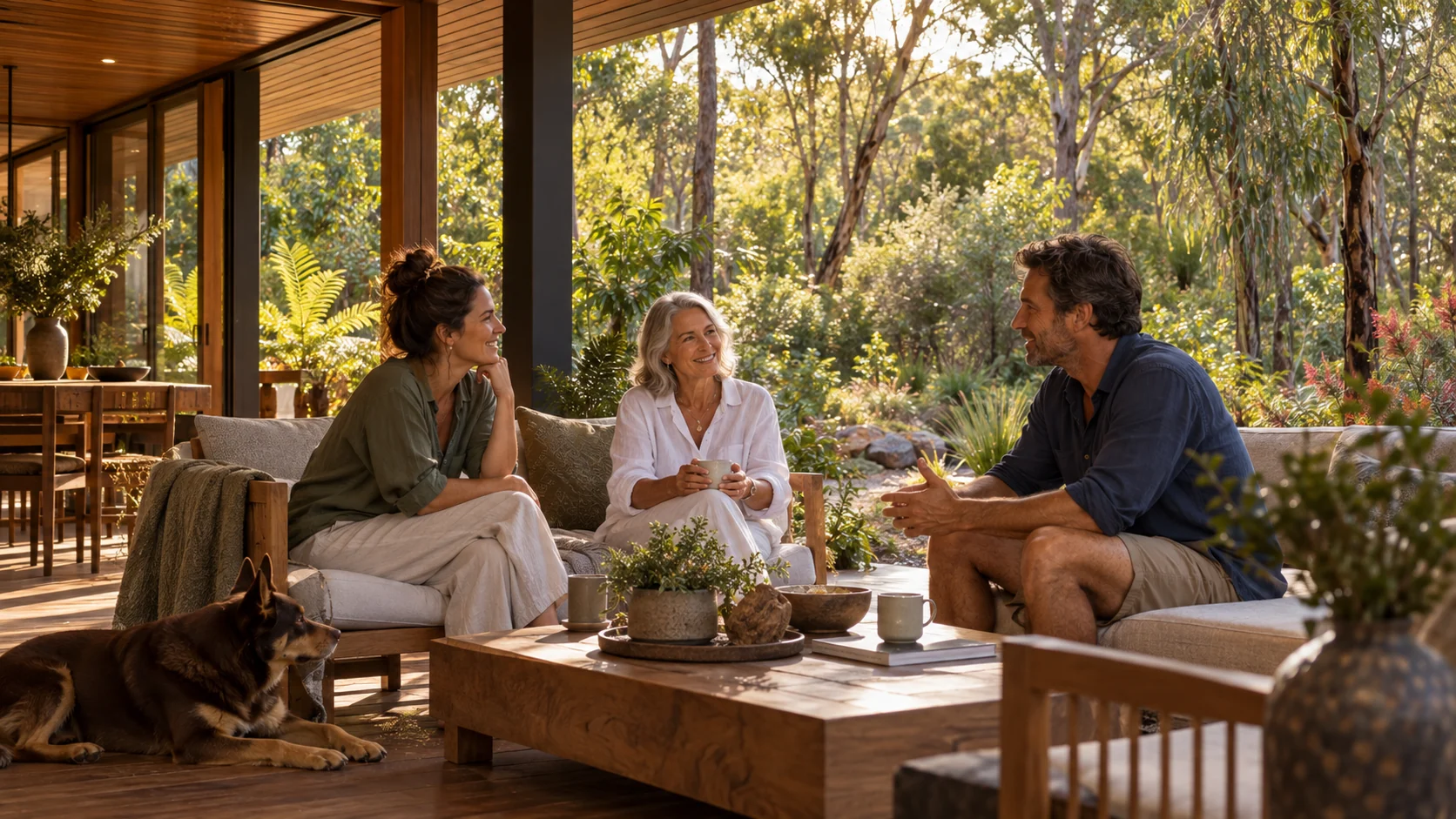 Generations in conversation on a garden verandah.
