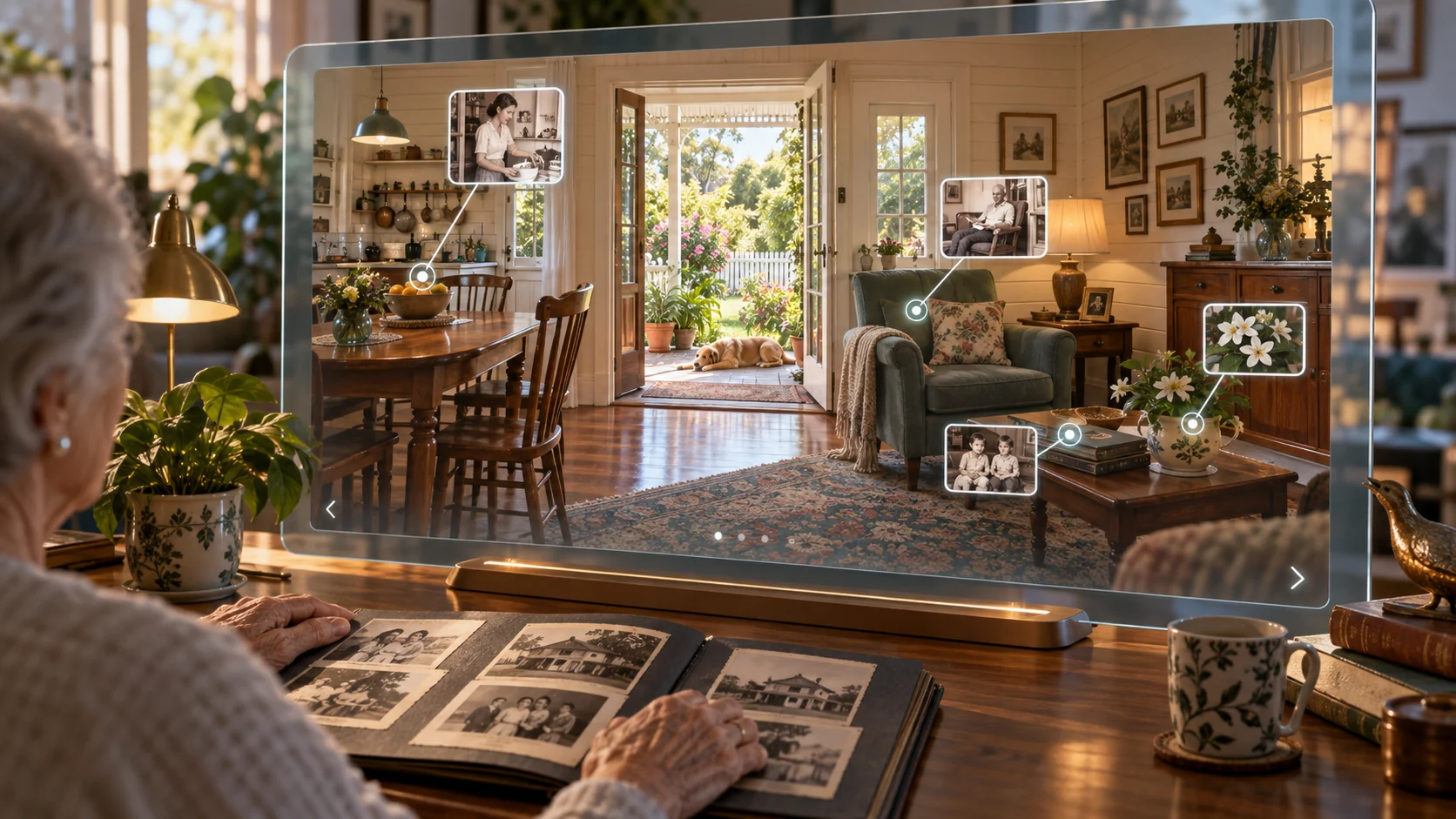 A digital memory palace connecting familiar rooms, objects and life stories.