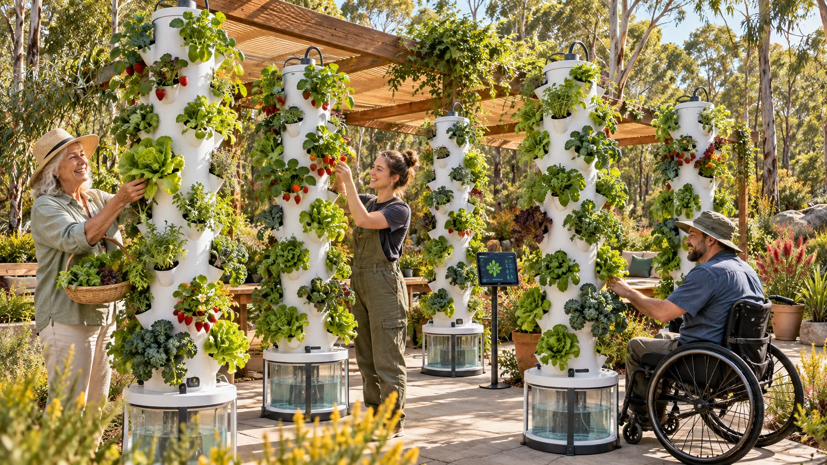 Vertical tower gardens bringing fresh food, learning and accessible participation together.