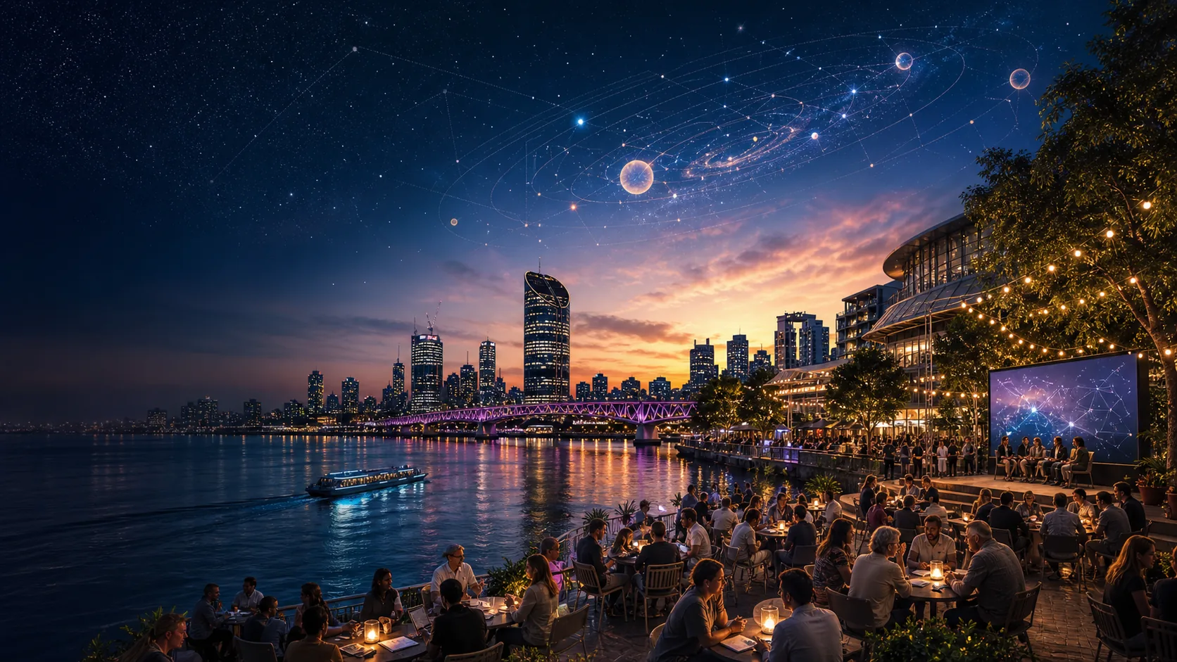 Brisbane river gathering with a night sky and peaceful orbital commons motif
