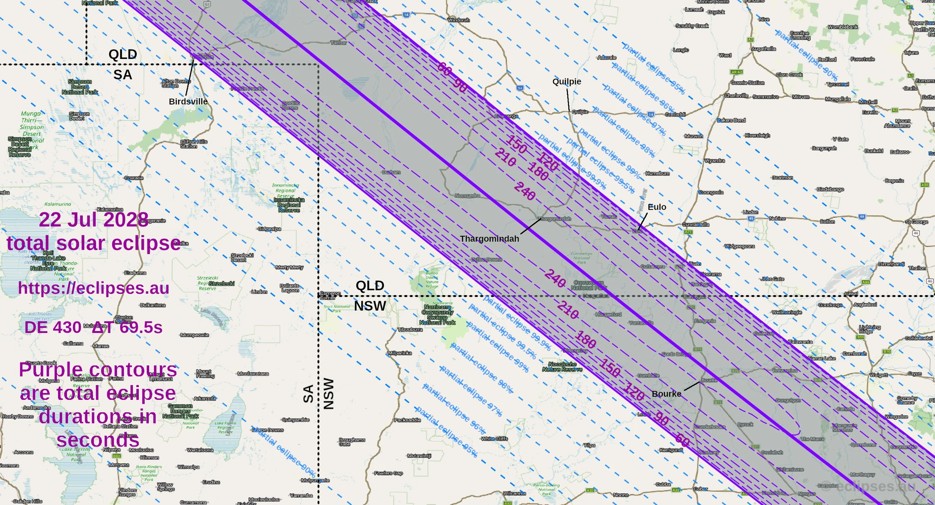 Detailed 2028 total solar eclipse track map over south-west Queensland and north-west New South Wales