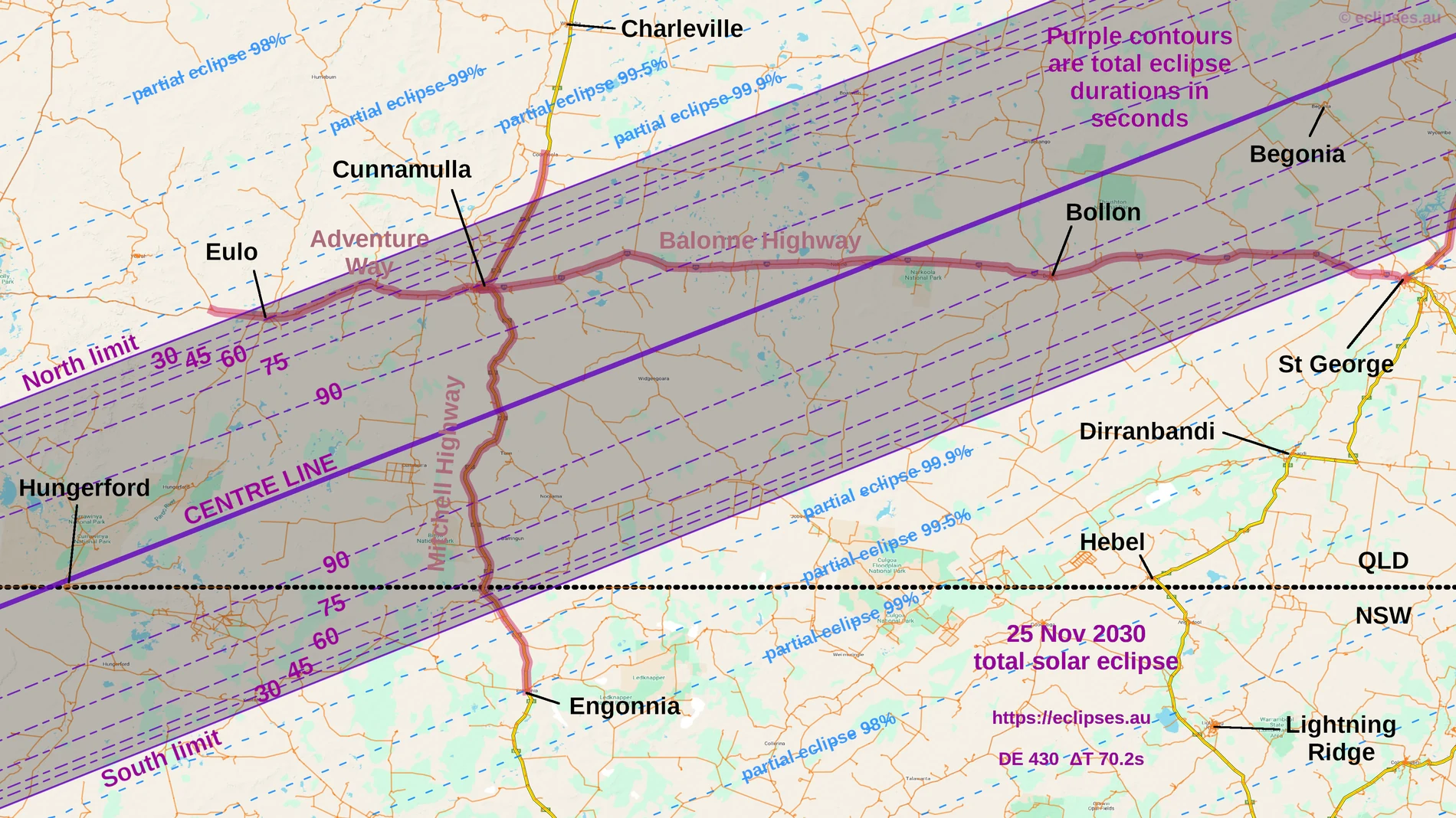 Detailed 2030 total solar eclipse track map over southern Queensland