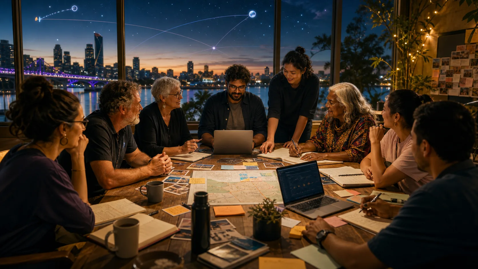 A diverse Brisbane civic planning group gathered around a table with city, river and peaceful space motifs
