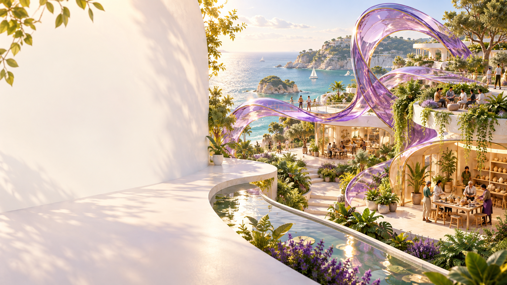 Imagined coastal making garden with luminous purple loops, green terraces and shared creative spaces