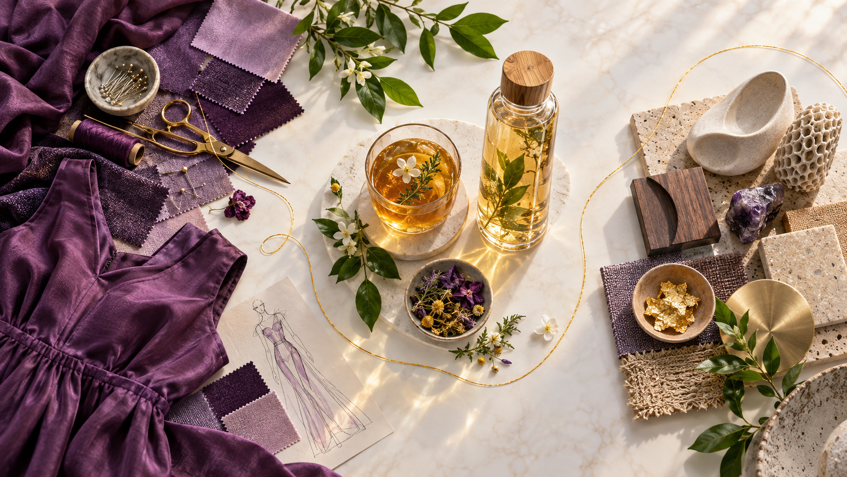 Concept product studio linking purple textile samples, a botanical drink and a reusable bottle with a gold thread