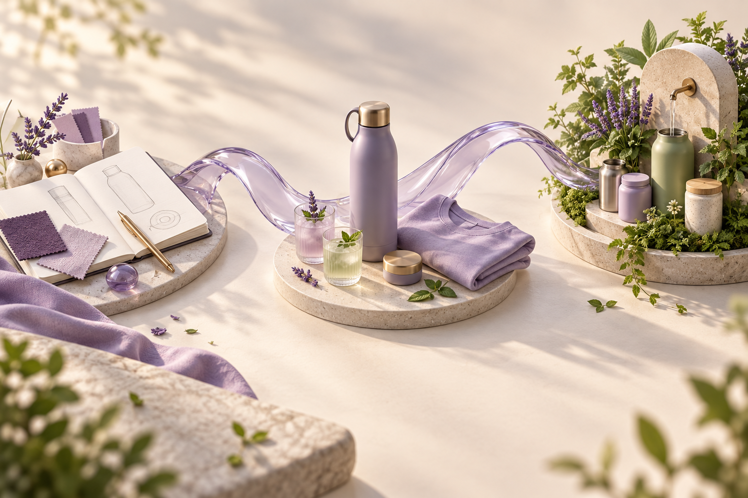 An imagined product studio where a lavender glass ribbon connects sketches, product samples and a refill garden