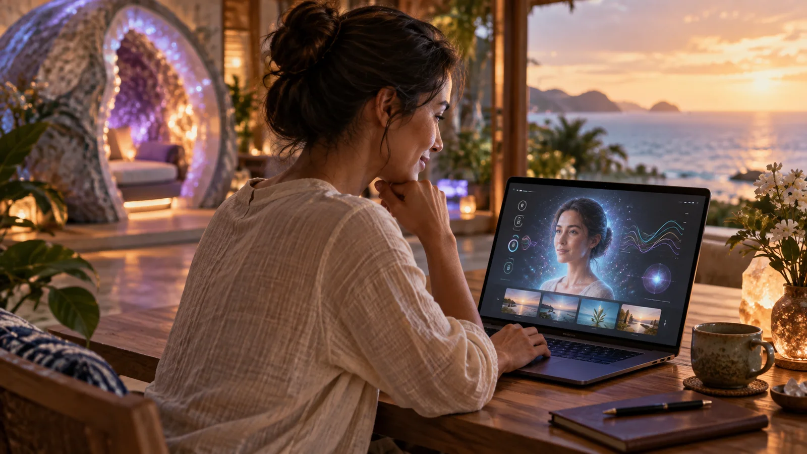 Concept artwork of a person reflecting at an owner-held computer after a chamber session, with a visual personal digital twin on screen.