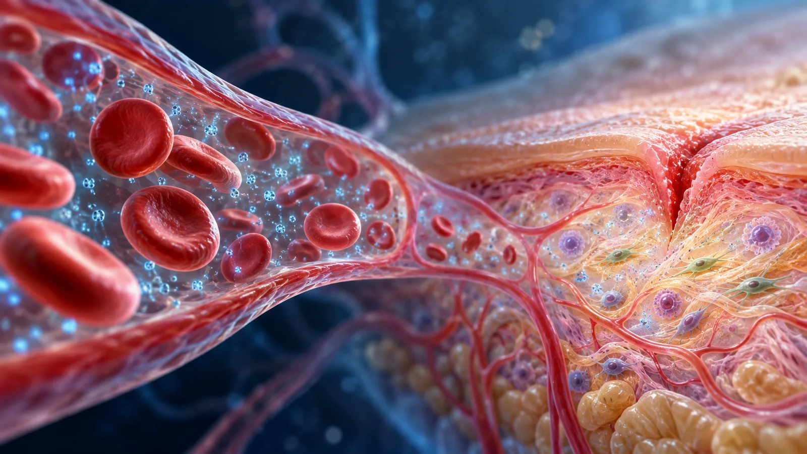 Concept biomedical artwork of oxygen carried in blood plasma toward a healing patch of skin.