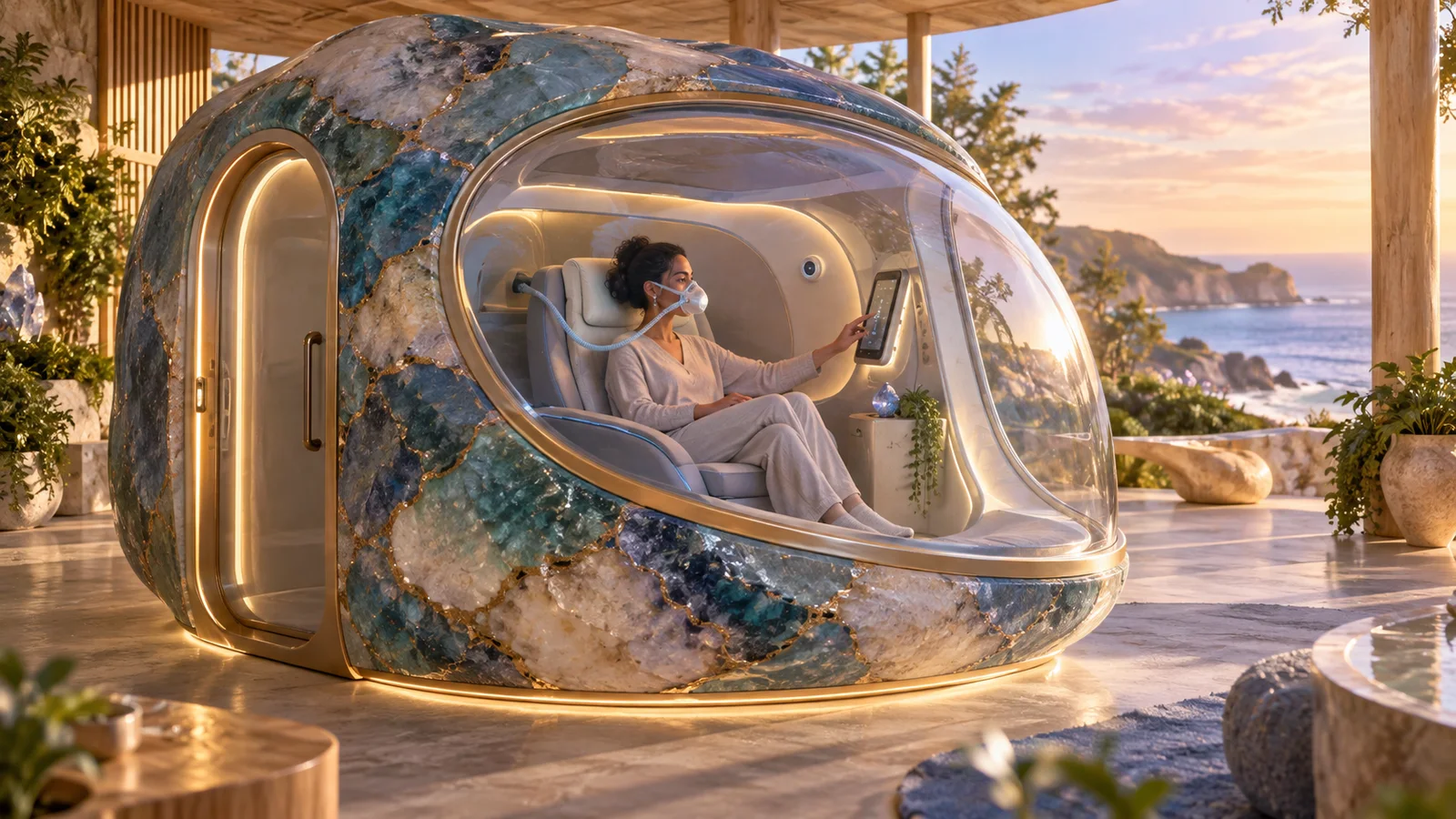 Concept design of a person inside a faceted mineral-shell Geode, using a personal screen during a supported chamber session.