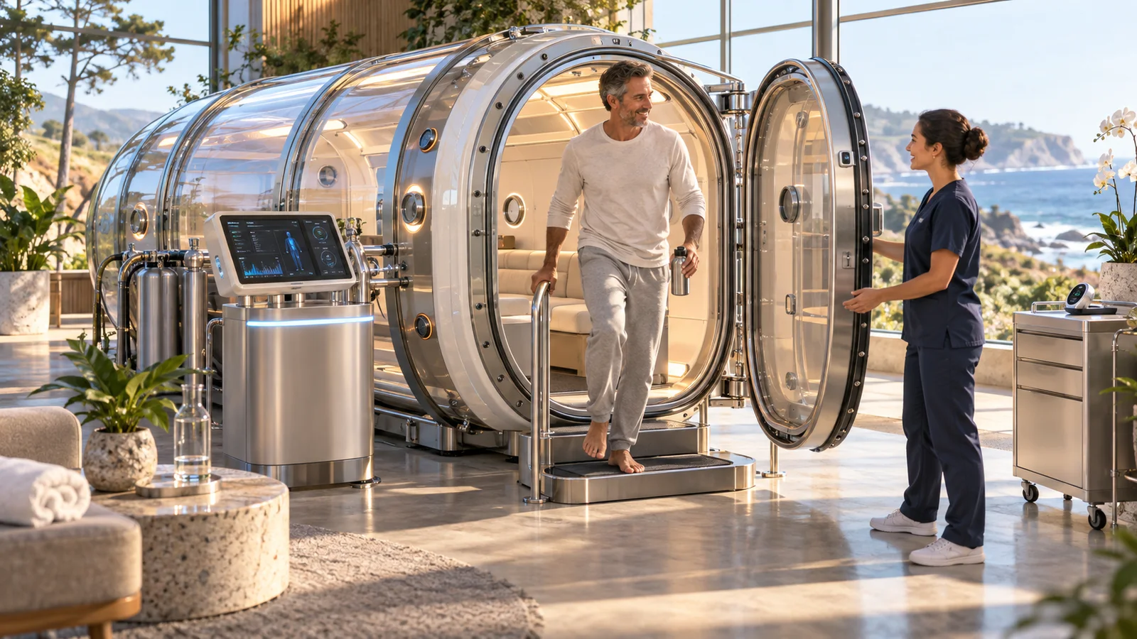 Concept design of an adult stepping out of a modular transparent chamber while a professional reviews the external monitoring screen.