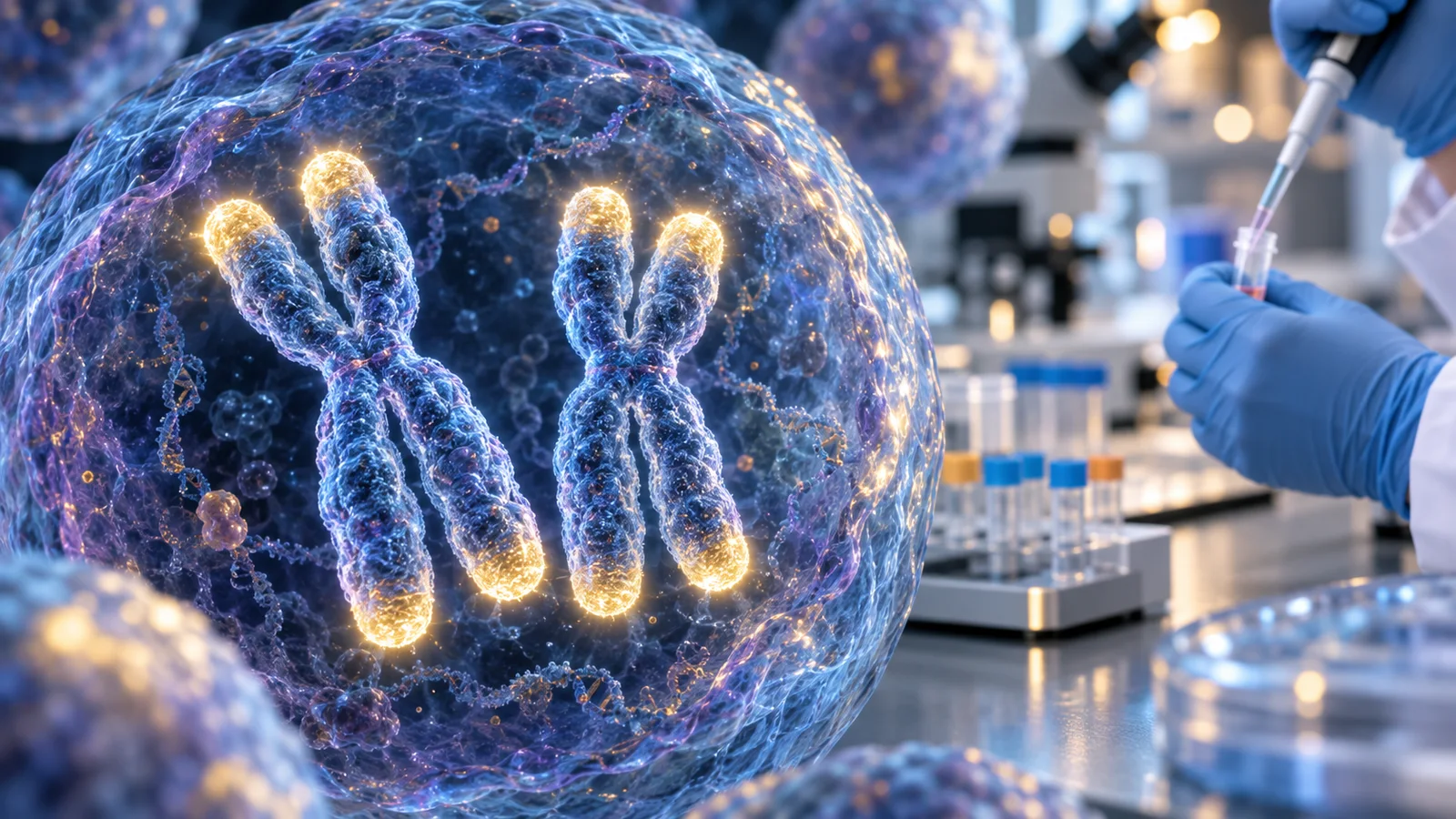 Concept laboratory artwork of chromosome ends and a blood sample used to explore telomere research.