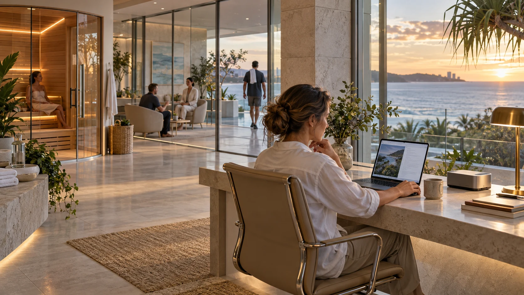 Concept artwork of a person using their own computer in a calm, contemporary coastal wellbeing centre