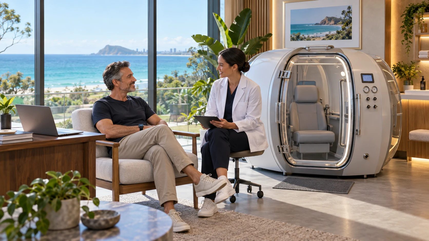 Concept artwork of a seated person speaking with a clinician beside a seated hyperbaric chamber