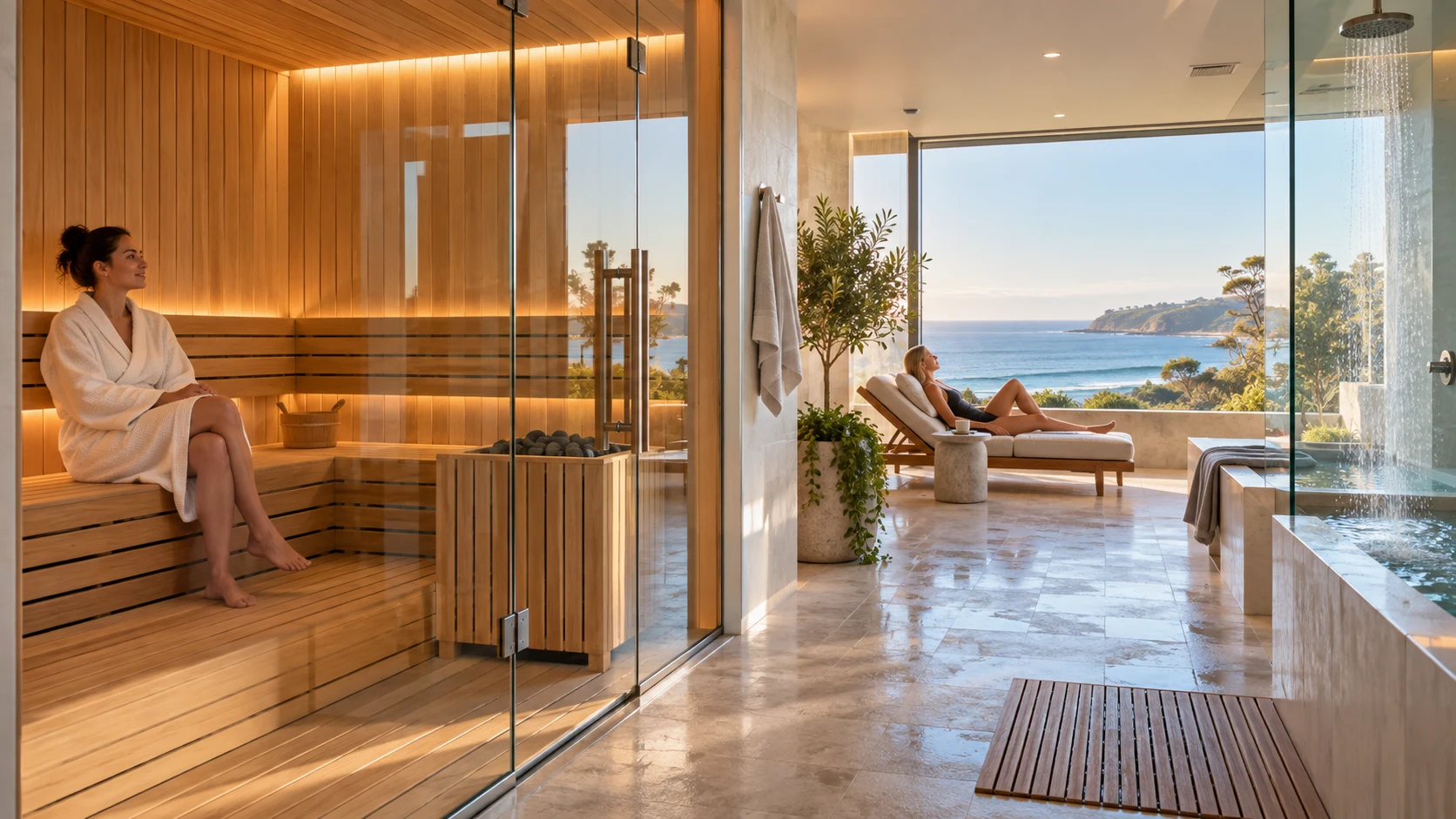 Concept artwork of a modern coastal sauna and quiet recovery room