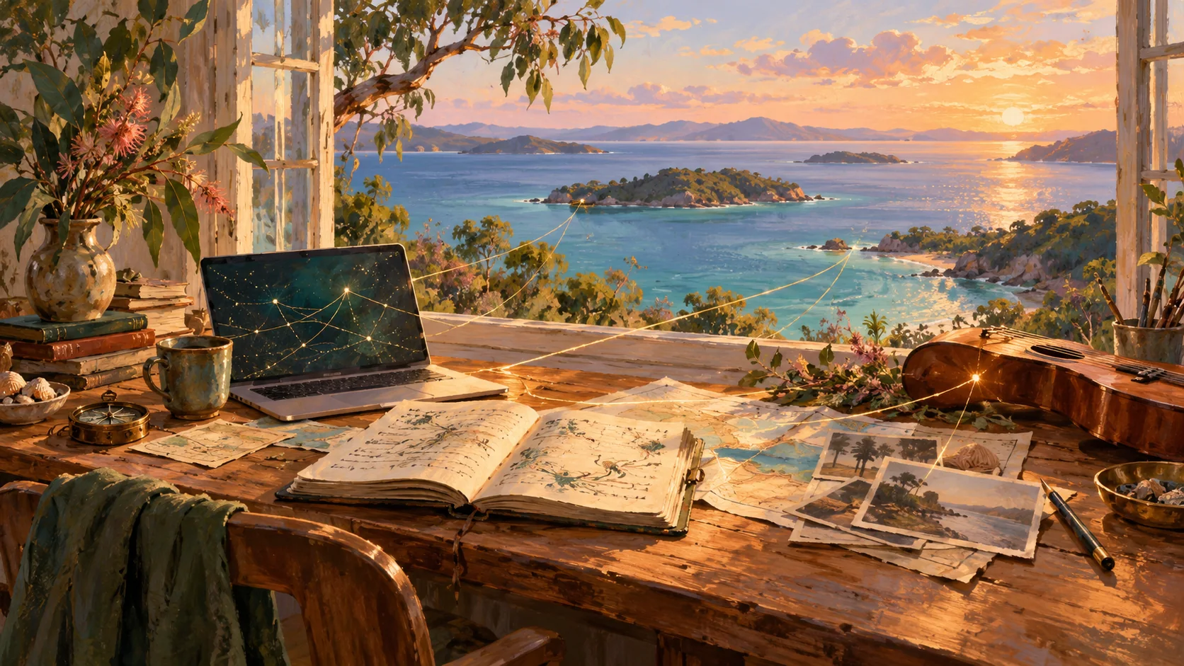 An open notebook, photographs, maps, a laptop and a musical instrument on a coastal studio desk, linked by warm threads of light.