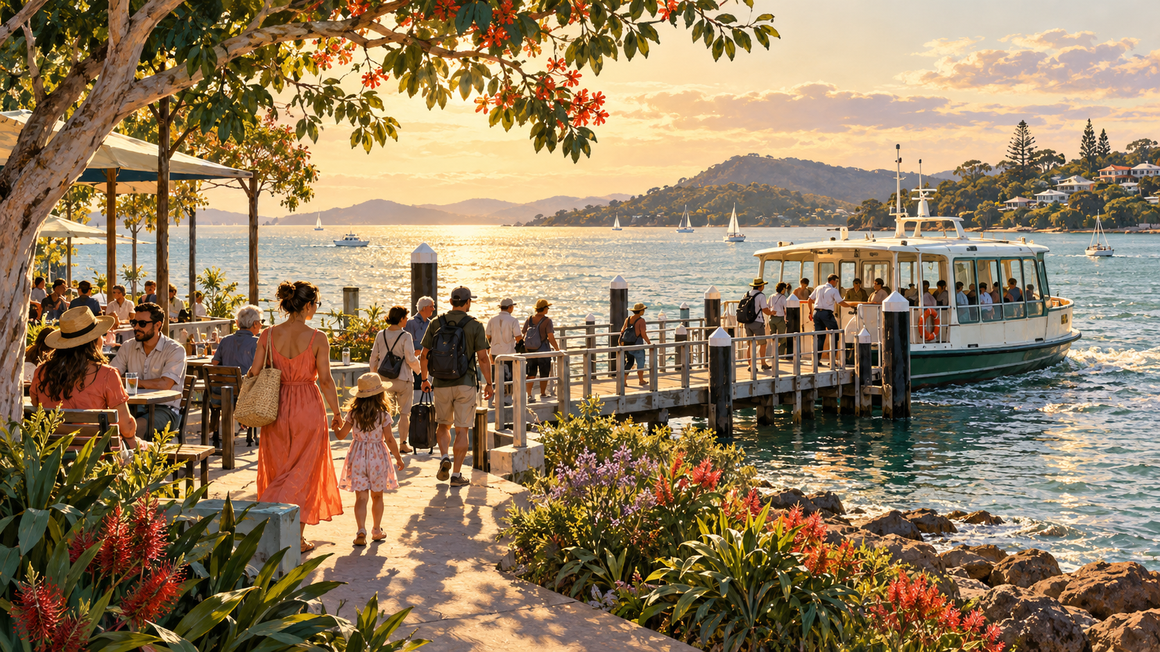 People gathering beside a ferry and village life on a sunlit Redlands coastline.