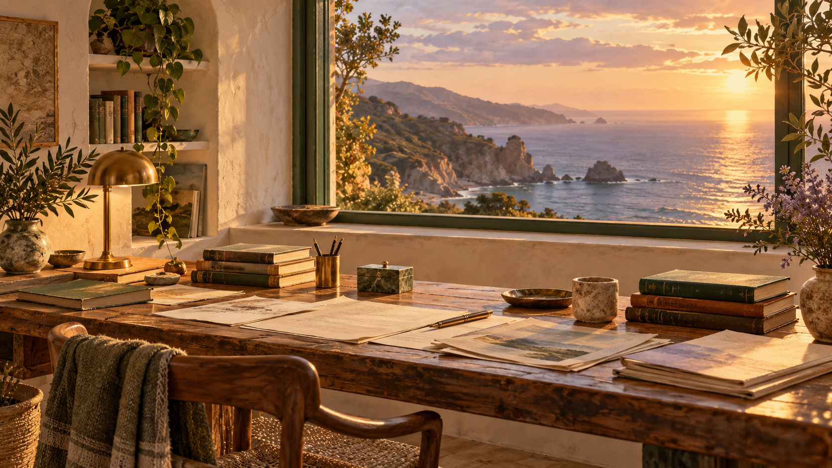 A warm archive studio with books, papers and a window onto the coast.