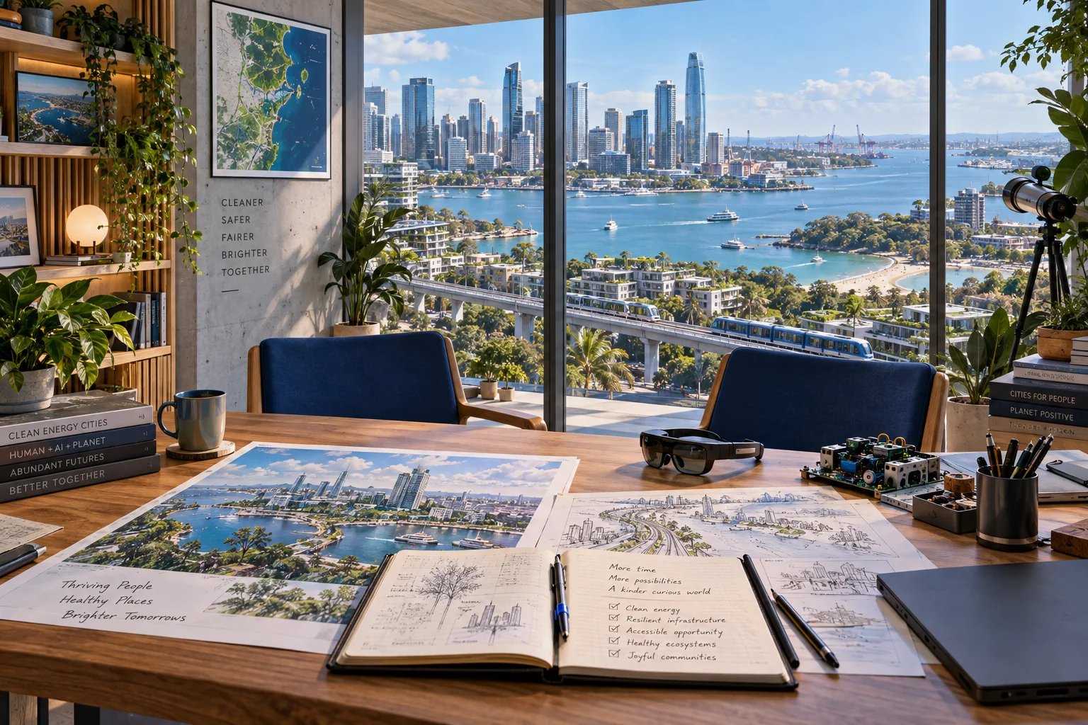 A coastal studio looks across a modern Australian city, with a desk holding documents and a wearable prototype.