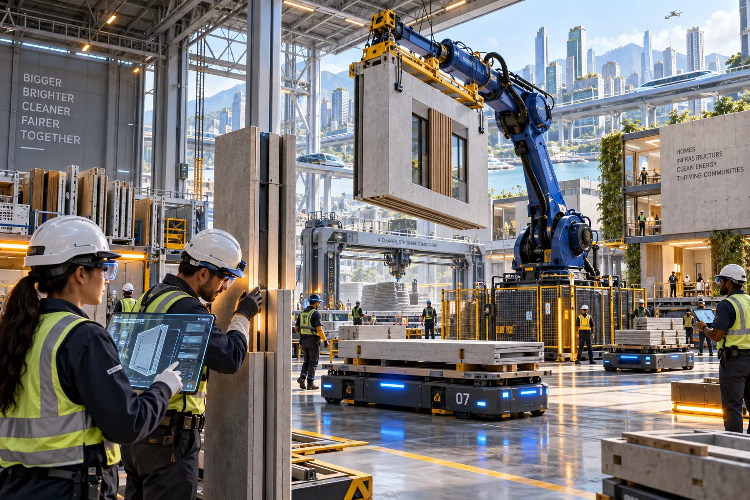 People and industrial robots develop modular infrastructure inside a shared fabrication facility.