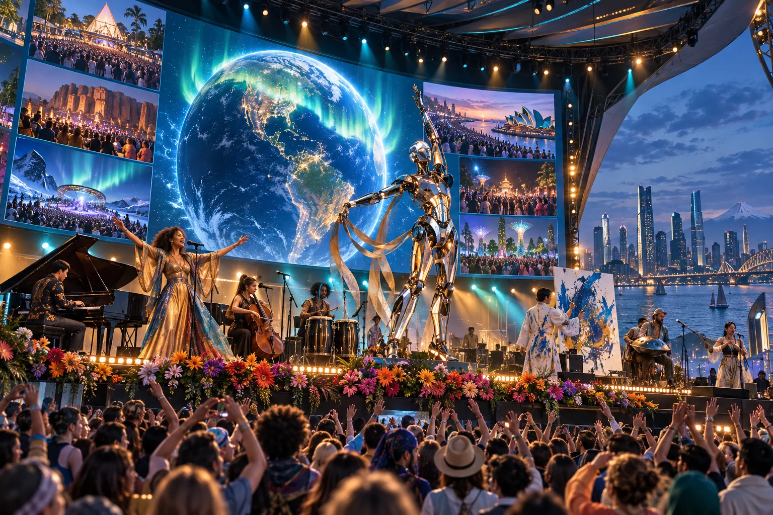 An imagined GAJRA gathering combines musicians, kinetic robotics and links to distinct local celebrations beneath an auroral Earth display.