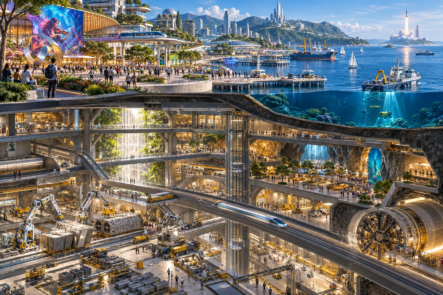 A speculative coastal generation city combines active public spaces with subterranean transport, robotic industry and material recovery.