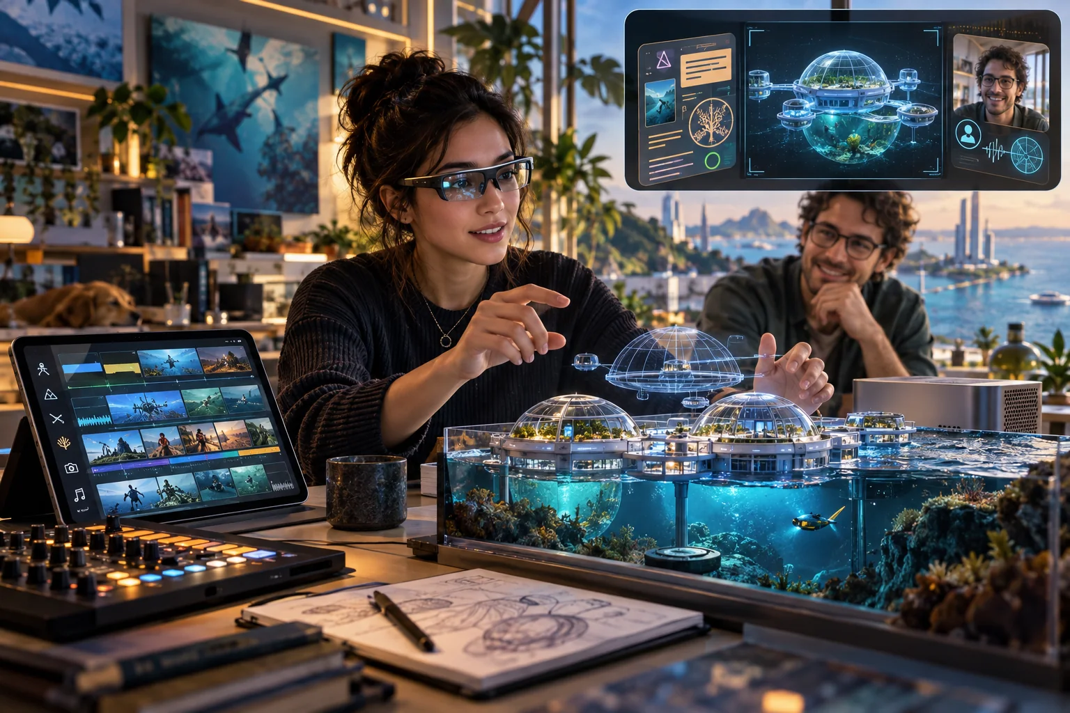 A person uses smart glasses and a personal computer to connect creative work, memories and an ocean-habitat design.