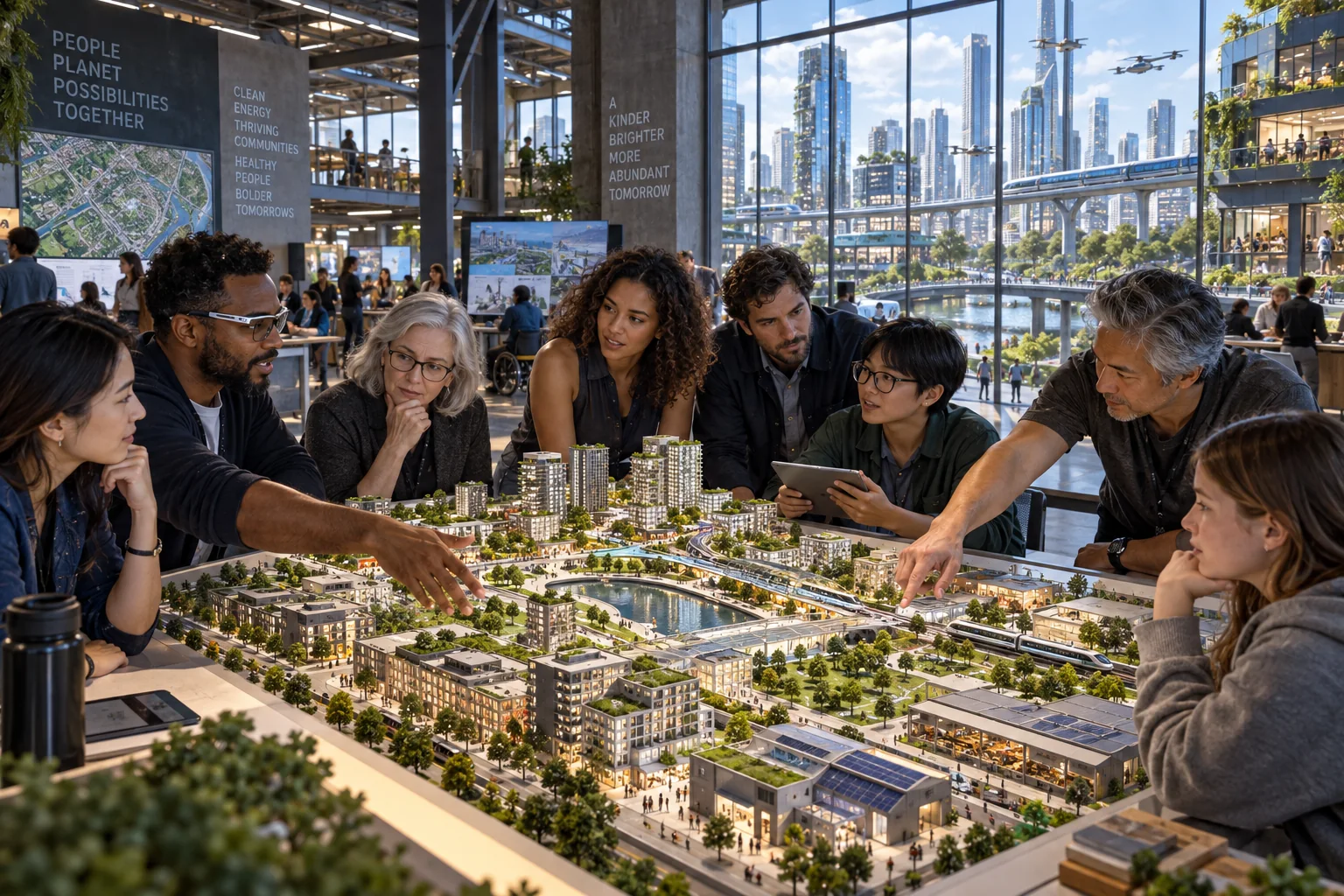 People discuss competing future-city plans in a contemporary public forum, overlooking a busy urban district.