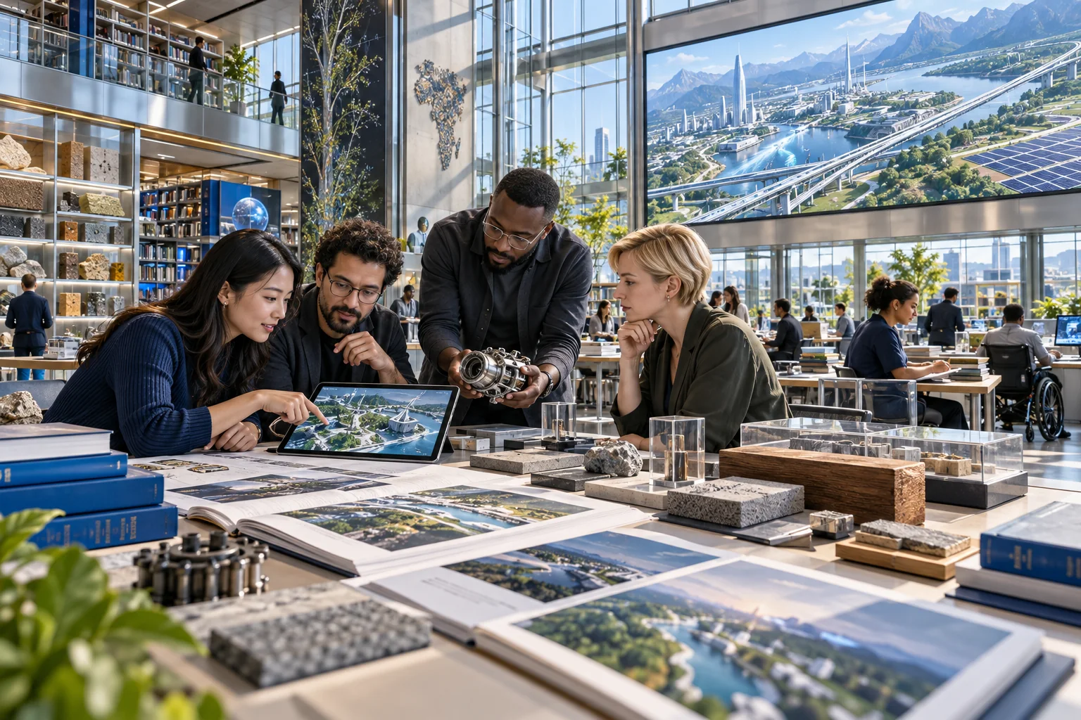 Researchers compare documents, simulations and engineering evidence in a modern public research library.