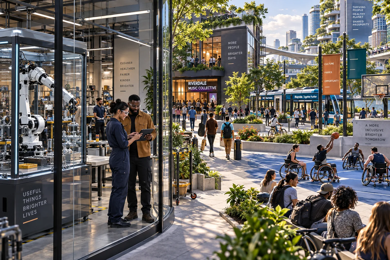A contemporary urban district combines robotic production with creative work, sport and shared public space.