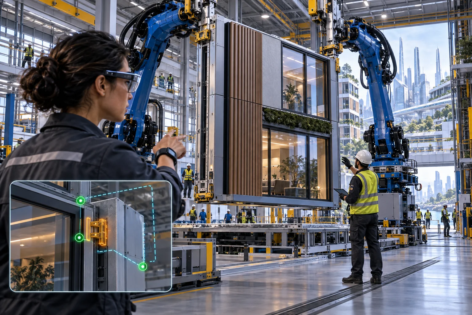 An engineer wearing smart glasses supervises robots assembling a modular building component.