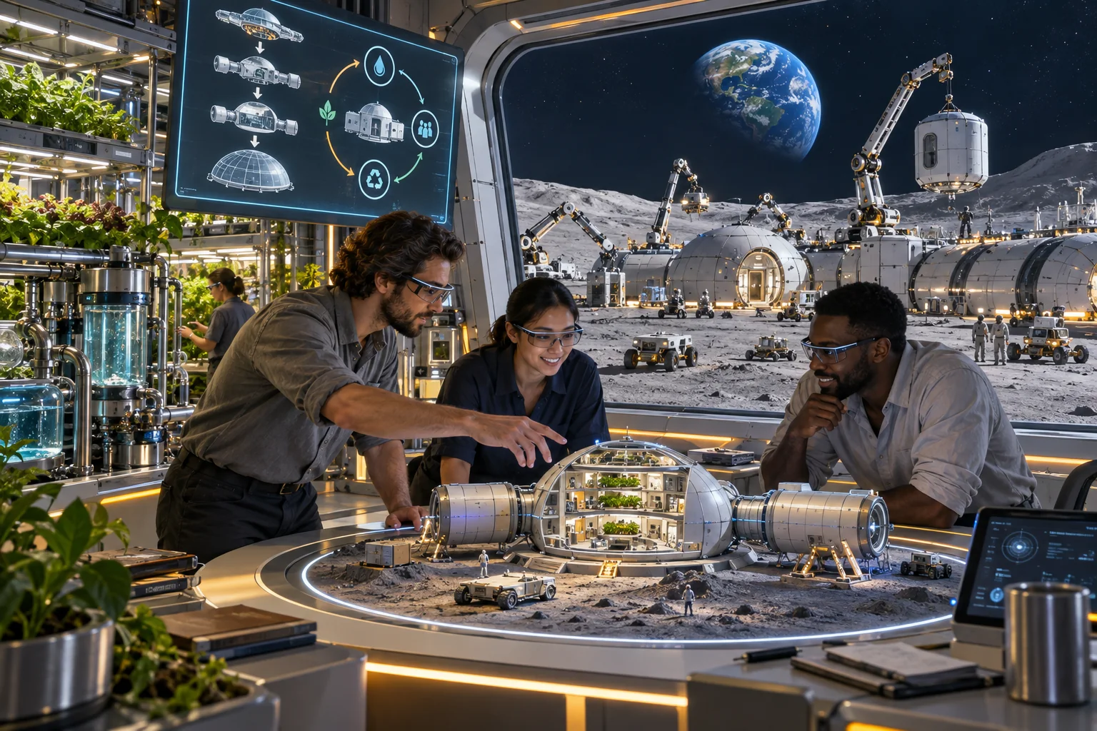 In a speculative lunar habitat, people use wearable intelligence to learn about closed-loop living while robots construct modules outside.