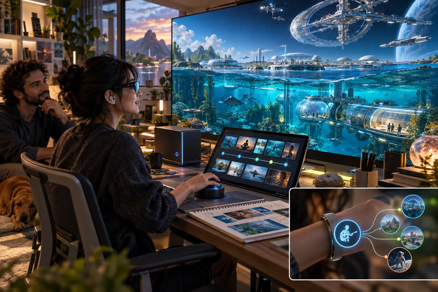 A person uses smart glasses, selected memories and personal goals to develop future ocean and orbital worlds in an immersive studio.