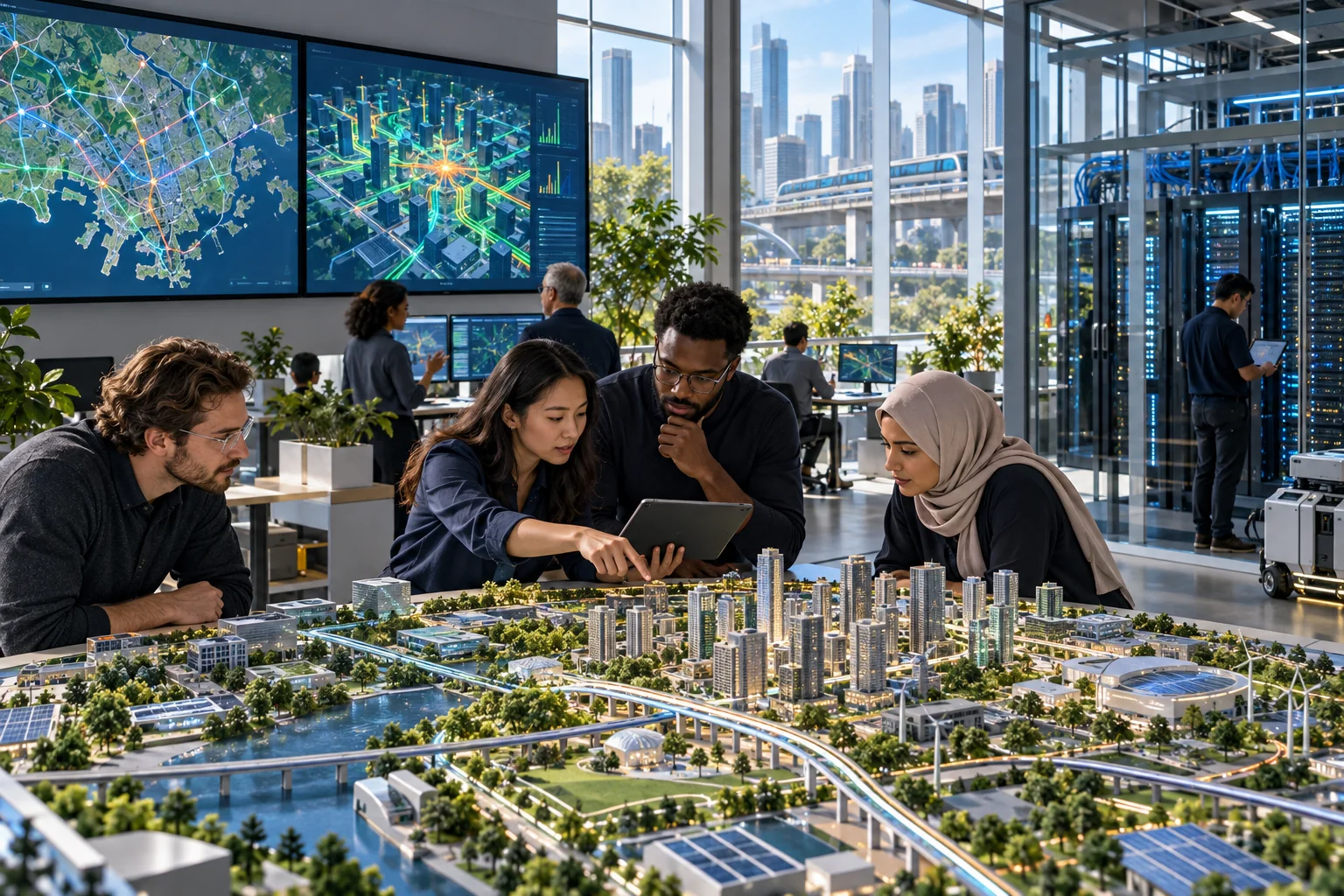 A local civic computing team compares transport and energy models beside community-owned computing equipment.