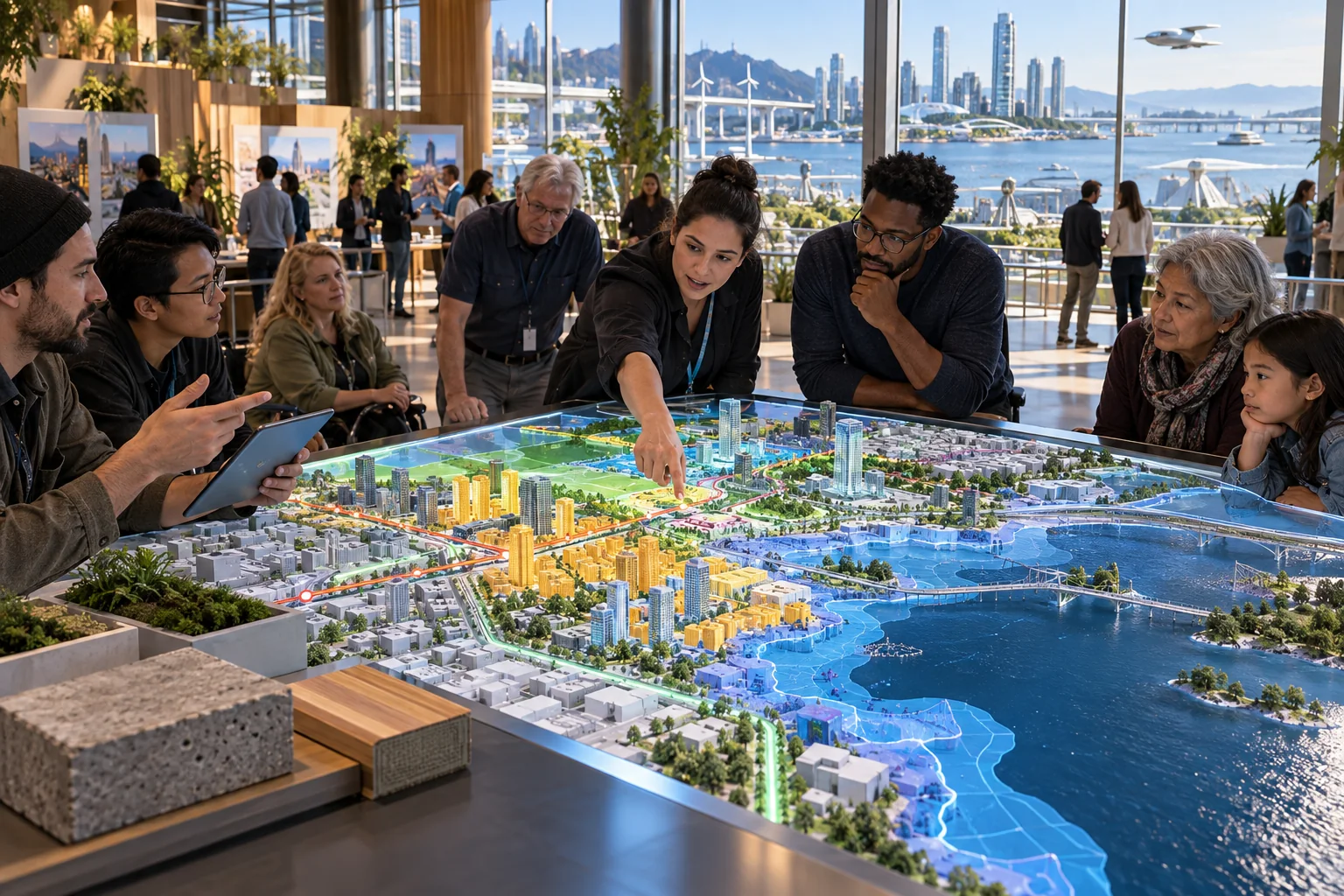 A public workshop compares urban flood, transport and housing scenarios using a shared digital city model.