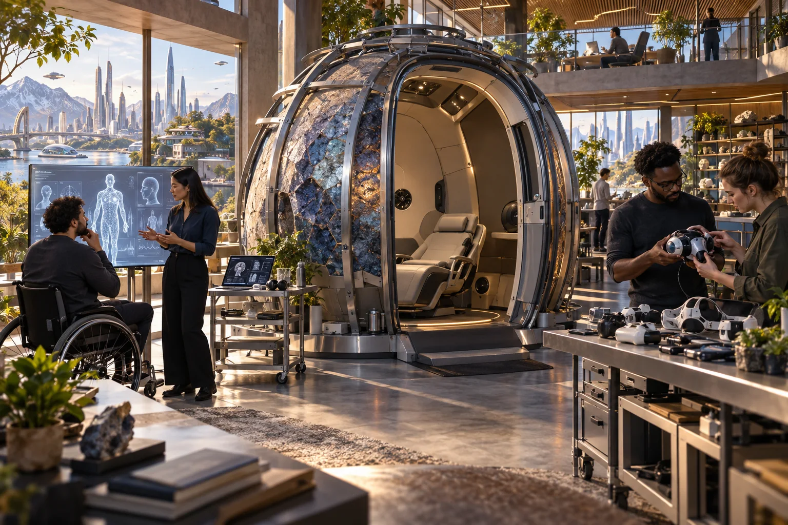 Participants and researchers co-design an experimental Aura Geode enclosure, with personal computing and interface prototypes outside it.