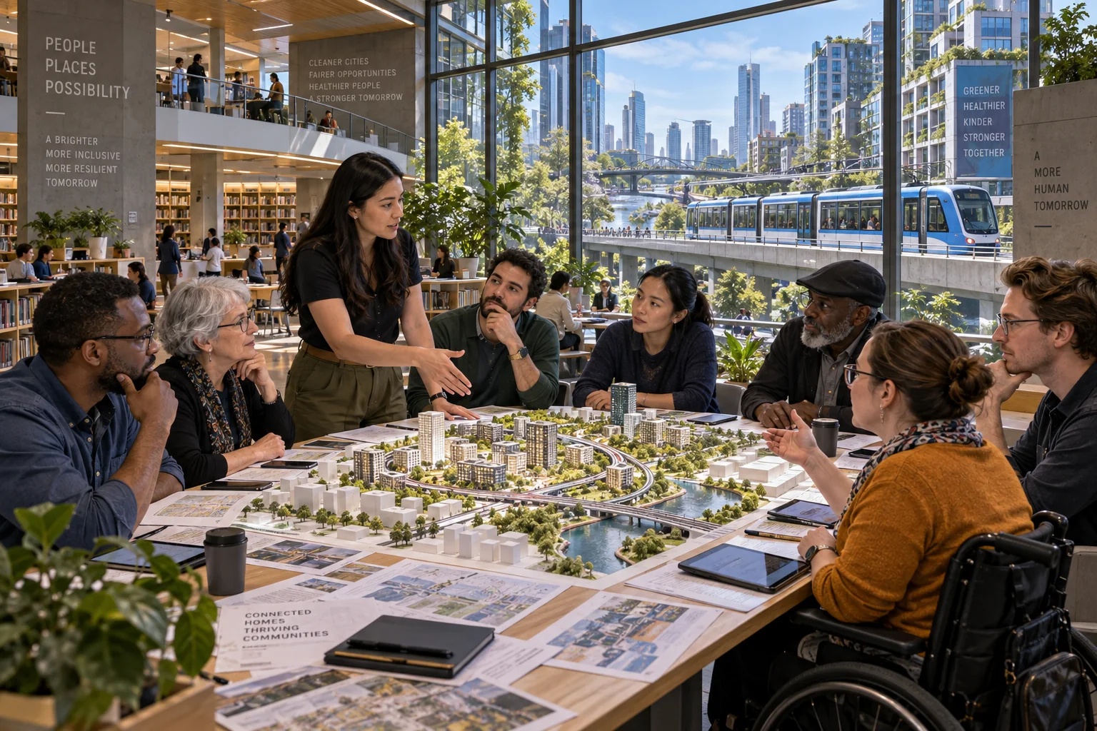 Residents and engineers compare a robotic transit proposal at a contemporary neighbourhood forum.