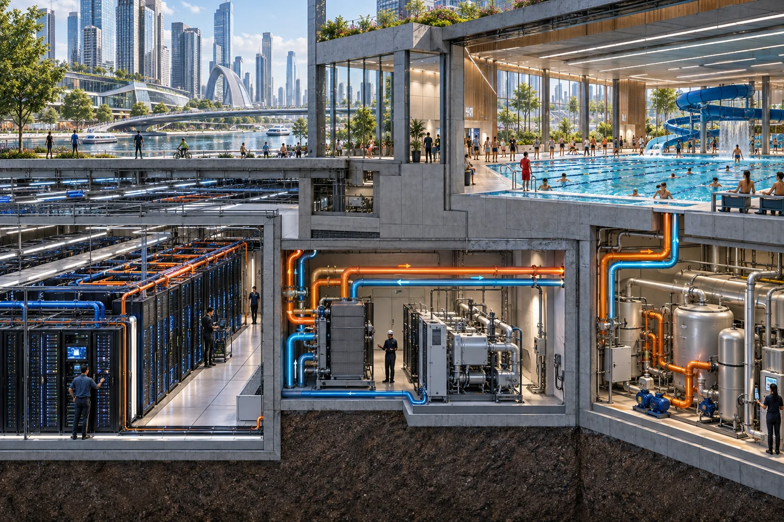A technical concept cutaway links a modern data centre, heat exchanger and public aquatic centre.