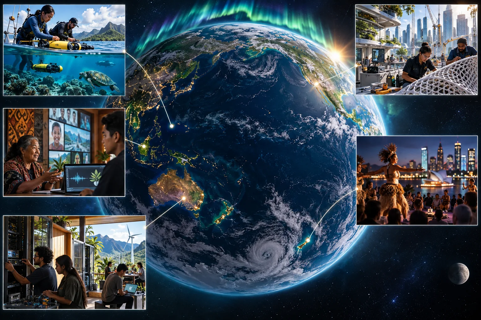 An auroral Earth connects distinct island, city, cultural, research and community-computing scenes.