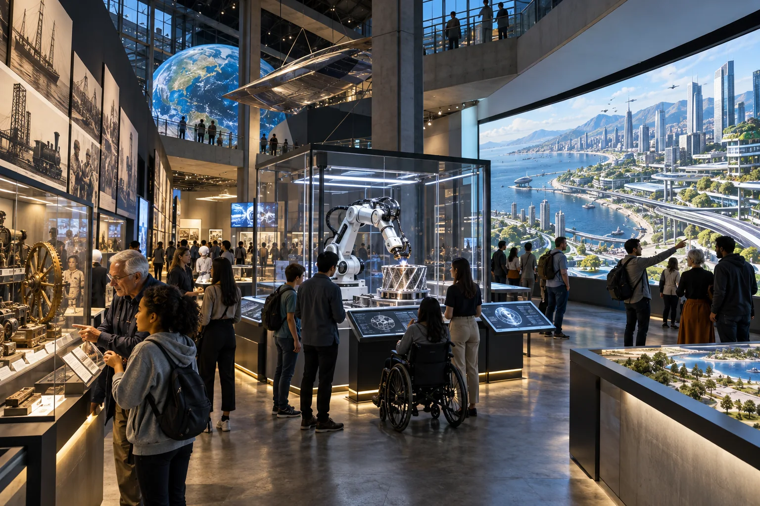 An immersive public exhibition connects historical infrastructure, contemporary robotics and future-city scenarios.