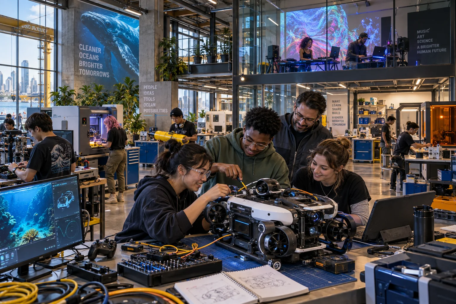 Young adults and mentors develop robots and digital art in a modern public learning studio.