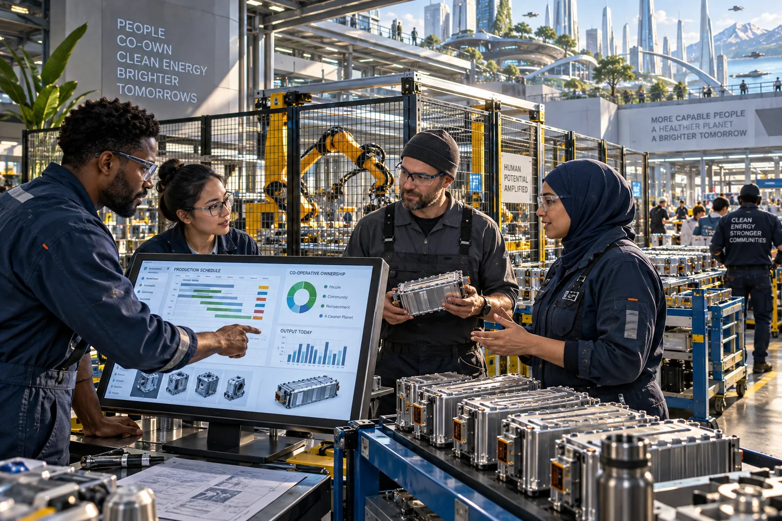 Worker-owners plan production beside an enclosed industrial robot cell.