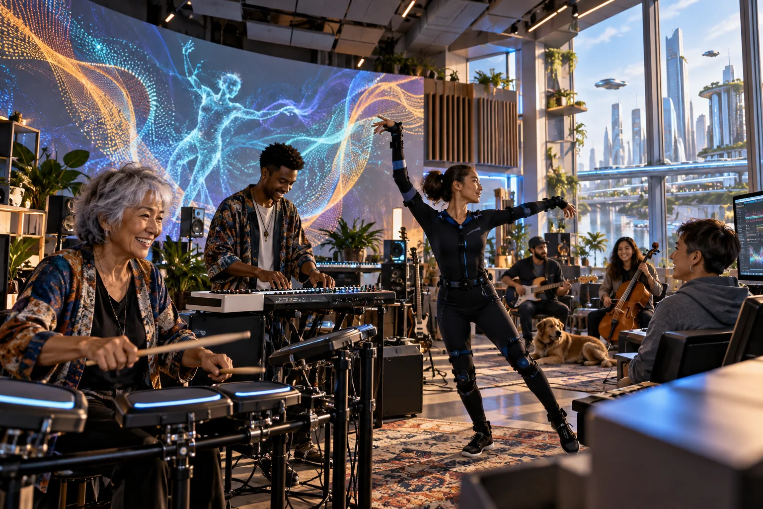 Adults of different ages learn music and immersive media in a contemporary community arts centre.