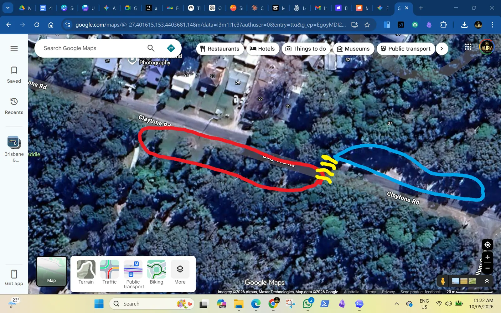 Annotated aerial reference showing the proposed exercise area, parking and crossing point.