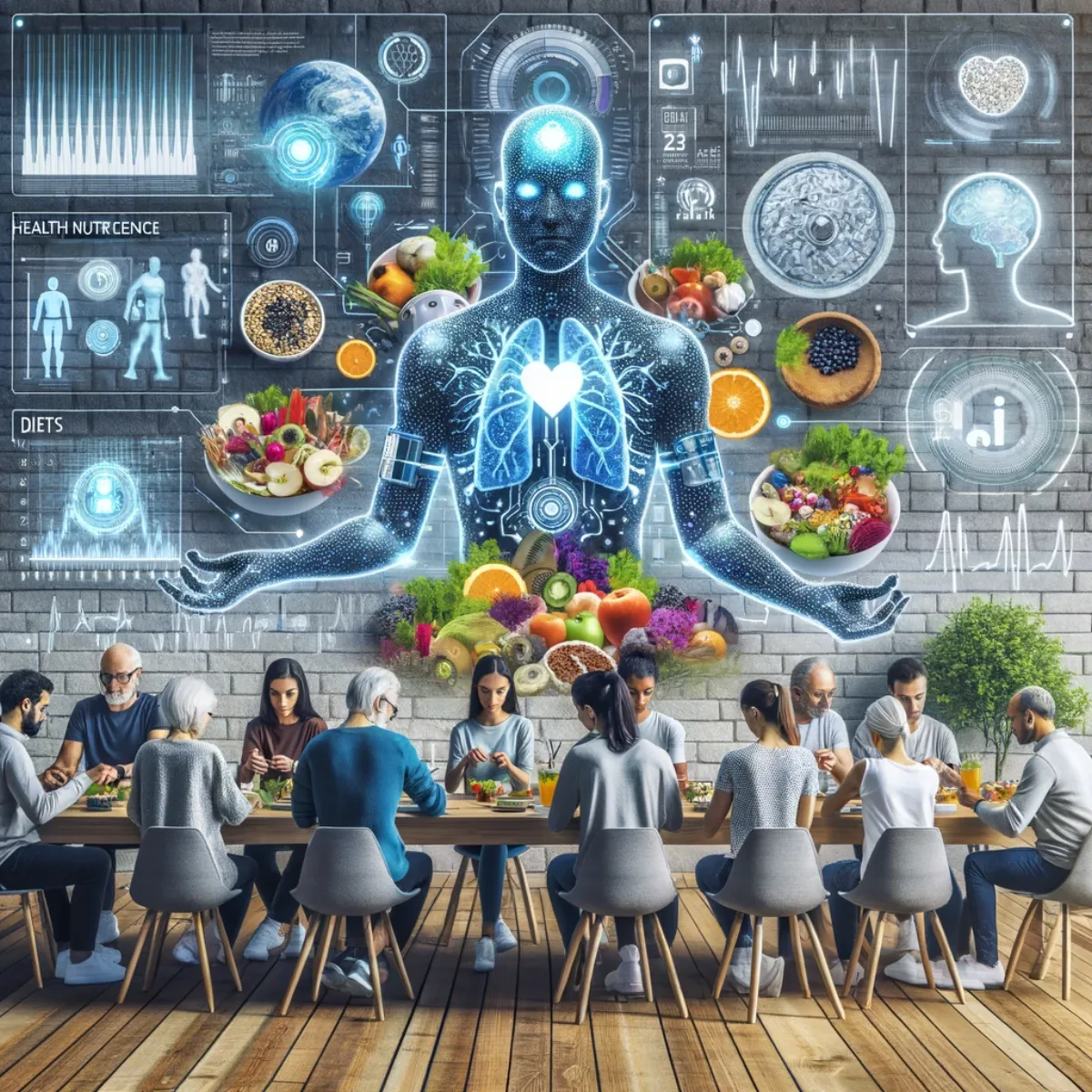A diverse group of people wearing smart health devices, themed around health and nutrition.