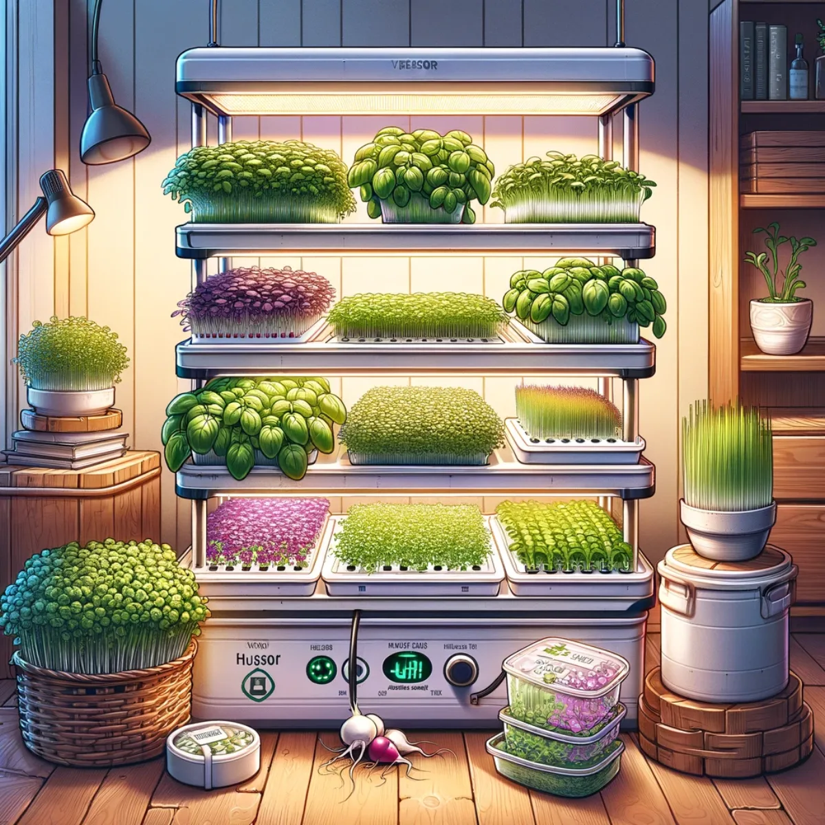 A compact indoor hydroponic system with diverse microgreens in small stacked trays.